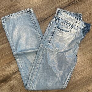 Zara Metallic Light Blue Straight Leg Jeans